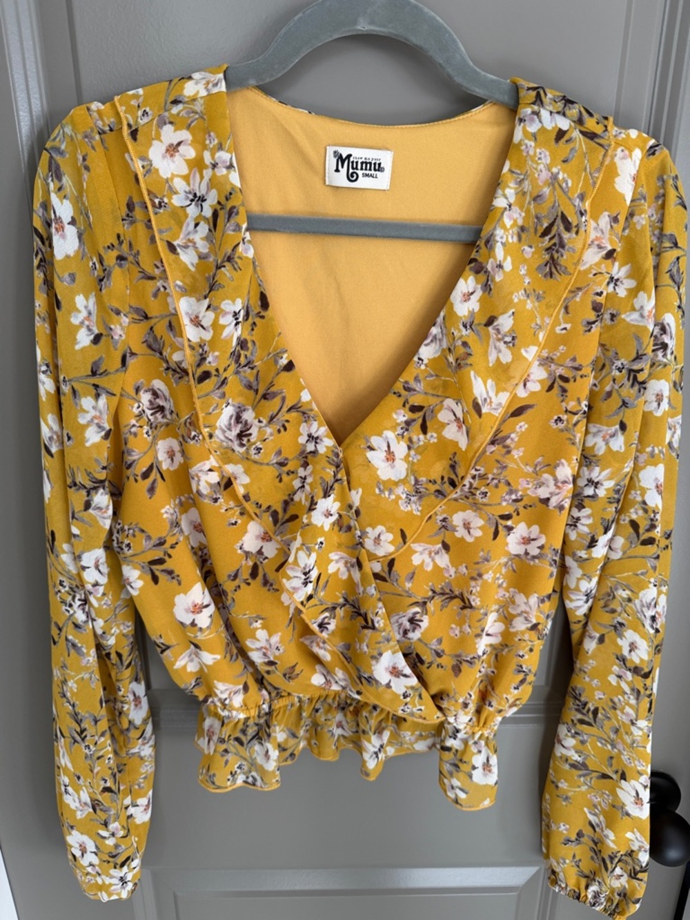 Floral Wrap Blouse in Mustard Yellow